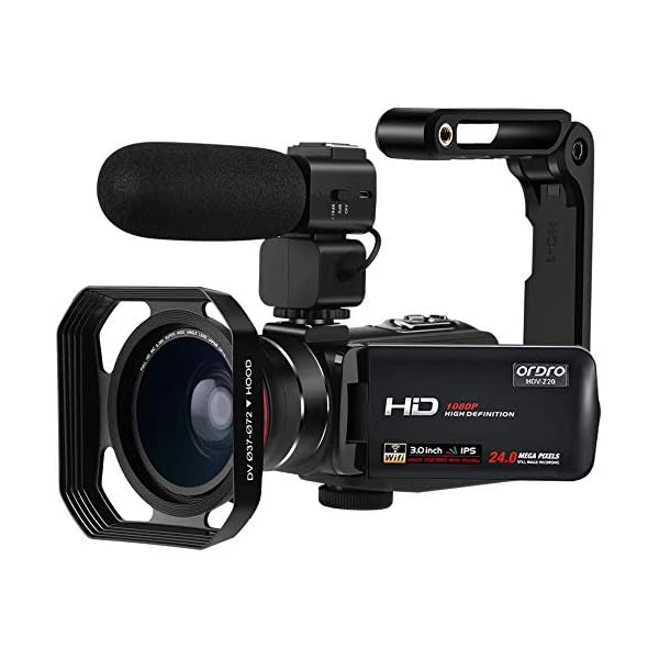 ORDRO Camcorder Full HD 1080P 30FPS 24MP 3.0 '' IPS Touchscreen Nachtsichtvideokamera mit Mikrofon, Weitwinkelobjektiv und Kamerahalter