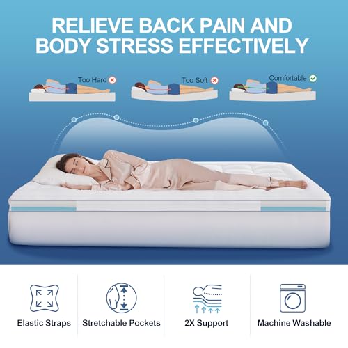 Eiayeebil Memory Foam Queen Mattress Topper, 4 Inch Dual Layer Mattress Pad with Pillow Top Mattress Topper Queen Size Bed Cover, Support for Back Pain (White)