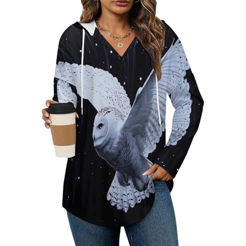 White Snowy Owl Hoodies for Women V Neck Pullover Sweatshirts Long Sleeve Shirts Fashion Tops