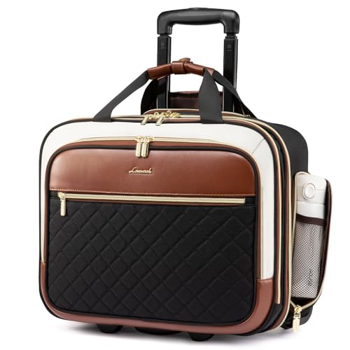LOVEVOOK Rolling Laptop Bag Women, 17.3 Inch Laptop Briefcase with Wheels for Work Travel Business, Underseat Carry On Luggage Case, Black Brown Beige
