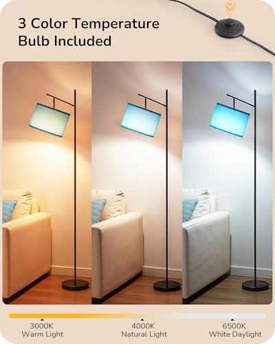 Image of EDISHINE Blue Floor Lamps for Living Room, 64.7 inch Modern Standing Lamp | 3 Color Temperatures, Bulb Included, Adjustable Linen Shade, Foot Switch, Weighted Base, Tall Light for Office, Bedroom