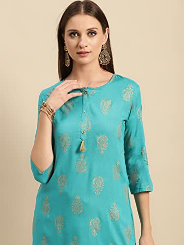 Image of rangita Turquoise Rayon Calf Length Printed Straight Kurti for Women | Kurta for Women