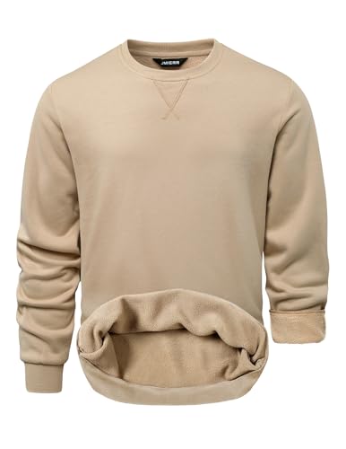 JMIERR Crew Neck Sweatshirt for Mens Long Sleeve Fleece Sherpa Lined Fall Winter Pullover Sweater Shirt XL Light Khaki