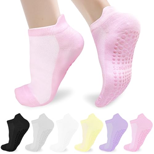 Image of 6 Pairs Grip Pilates Socks for Women, Non-Slip Yoga Athletic Socks for Barre, Ballet & Workout, Hospital Barefoot Socks (Women's 5-9)
