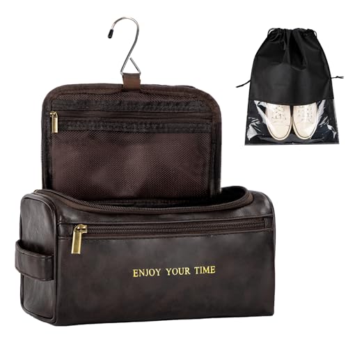 Flycalf Mens Toiletry Bag for Men ENJOY YOUR TIME Gold Foil Stamped Leather Travel Shaving Dopp Kit Groomsmen Gifts Dad Husband Boyfriend Wedding Birthday (Coffee)