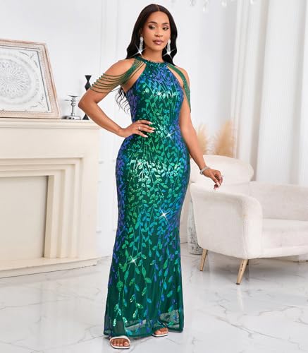 Image of Cololura Women Sexy Elegant Sequin Tassel Off Shoulder Halter Bodycon Maxi Dress Party Evening Gown Formal Dress
