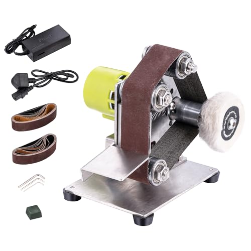 TOPWAY Lijadora de Banda Eléctrica Mini, Máquina de Pulir y Lijar de Banda Multifunción con 7 Velocidades Ajustables y 20 Cintas de 330x30 mm y Rueda de Pulido de Tela para Metal y Carpintería