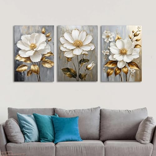 Poster quadri floreali bianchi grand tableau salon moderne toile fleur dorée - 2