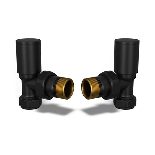 UK Radiators Round Black Radiator Valve Pair - Black Matt Finish - Classy and Modern Design 1/2" x 15mm Angled Radiator Valve Pair - Pair of Valves
