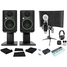 Audiosavings Bundle Pair of Mackie CR3.5 Speakers, Rockville RHT8B Stands, RCM PRO Mic, PRO-M50 Headphones, ROCK-U MINI Interface, M25 Controller, Mic Shield, RRS190S Pads & RCTR106BL Cable 9 Items