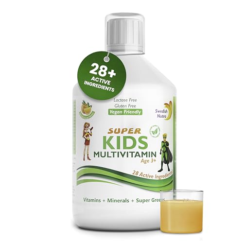Swedish Nutra Kids Multivitamin Liquid - Pack of 500ml, 33 Day Supply | Orange Flavour with 28 Active Ingredients | 100% Natural Flavour | High Absorption Rate | for Infants and Childrens Growth