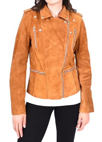Veste de motard en daim Selena femme en marron clair fermeture éclair taille 40 regular - 4