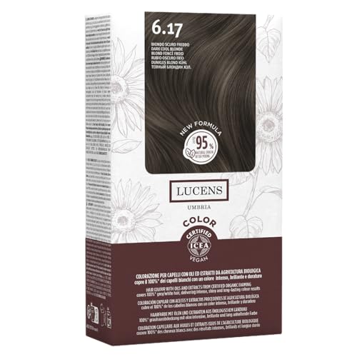 Lucens Umbria - 6.17 Biondo Scuro Freddo, Tinta per Capelli Senza Ammoniaca, Kit Colorazione Permanente Vegan con Estratti Naturali, Azione Lenitiva, Idratante e Protettiva