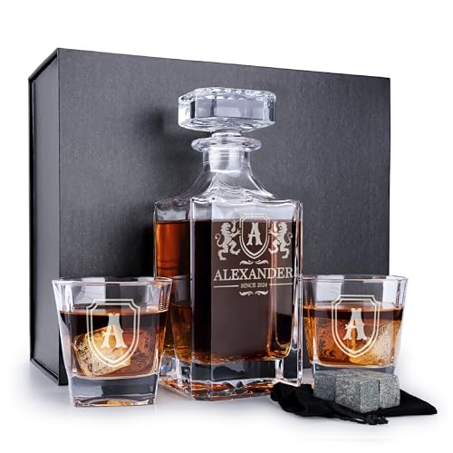 Personalized Whiskey Decanter Set with 2 Glasses - Engraved 25 oz Liquor Decanter with 2 Glasses - 8 Initial Designs, Gift for Men, Birthday & Retirement, Whiskey Gifts for Men