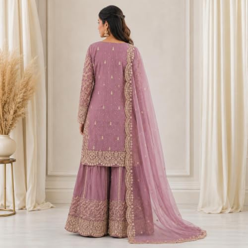 Image of Women's Ethnic Plazzo Suit Set with Kurta & Dupatta | Fendy Fabric Embroidered Kurta Set | Round Neck 3 /4 Sleeve Dress | Elegant Outfit