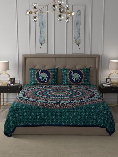 Image of JaipurFabric Cotton 180 TC Sanganeri Print Double Bedsheet with 2 Pillow Covers (90 inch X 108 inch), Green