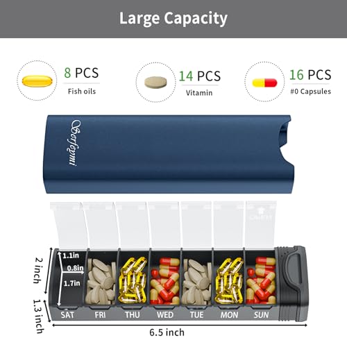 Image of Metal Weekly Pill Organizer, Serfeymi Aluminum Daily Pill Box(Spare Gasket Provided),7 Day Pill Case Travel Medicine Organizer,Pill Containers with Individual Lid for Vitamins,Pills, Supplement-BL+GR