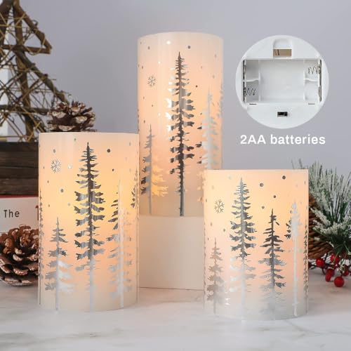 Image of Christmas Flameless Candles with Remote & Timer Flickering Real Wax LED Pillar Candles, Silver Christmas Tree Snowflake Battery Operated Candles, Xmas Gift Farmhouse Home Holiday Decoration - Set of 3