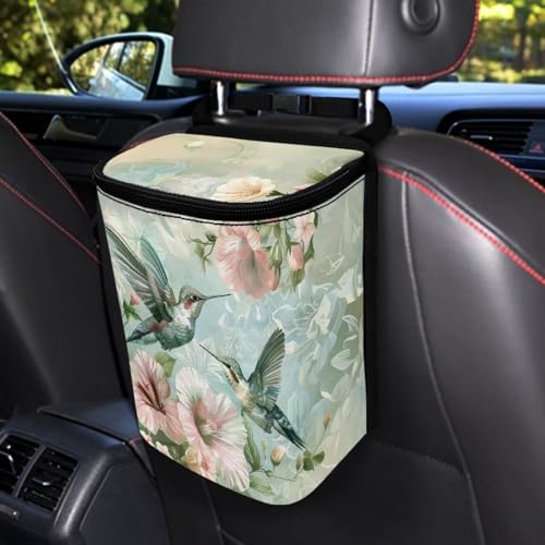 Image of Talayituse Hummingbird Hibiscus Print Car Trash Can with Adjustable Straps, Foldable Car Trash Bag Bin Car Garbage Bag Multipurpose Storage Box for Vehicle Travel Camping Picnicing