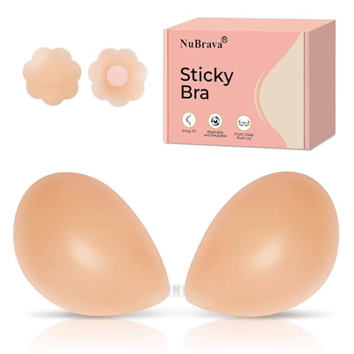 NuBrava Adhesive Bra Strapless Sticky Invisible Push up Silicone Bra Resuable for Backless Dress(B Cup) Creme