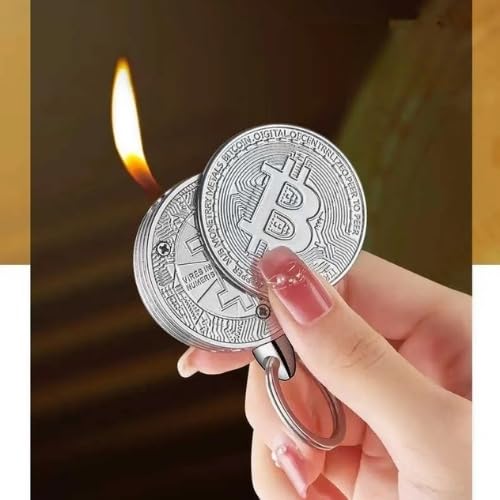 Image of Smoke King Bitcoin Coin Lighter with Keychain - Silver Finish Butane Refillable Lighter, Sliding Ignition, Adjustable Flame, Compact Pocket EDC Gift