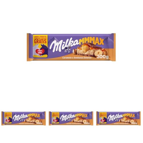 Milka MMMAX Tableta Grande de Chocolate con Leche de los Alpes con Avellanas Enteras, Relleno de Crema de Caramelo y Crema de Leche Sabor Caramelo 300g (Paquete de 4)
