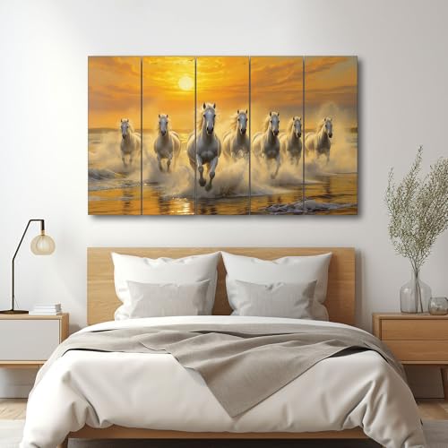 Image of The Castle Decor Running Horses with Rising Sun Vastu Painting | Wooden Frame Multi-Panel Wall Art for Living Room (Multi Color - Design 6, 27x48 Inch)
