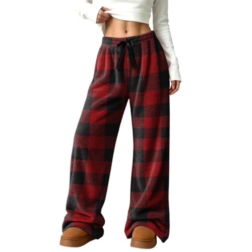 Women Pajama Pants Wide Leg Fluffy Buffalo Plaid Flannel Fuzzy Pants - image 6