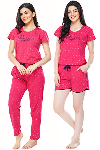 Image of ZEYO Women's Cotton 3Pc'S Heart Printed Night Suit Pajama Set 5357
