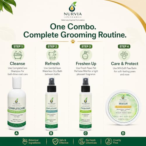 Image of Daily Dog Grooming Kit by Nurvia Petcare | 5-in-1 Shampoo + Waterless Dry Bath + Perfume Mist + Paw Balm | Neem Oatmeal Aloe Vera Goat Milk | Sulphate-Free pH Balanced | 4-in-1