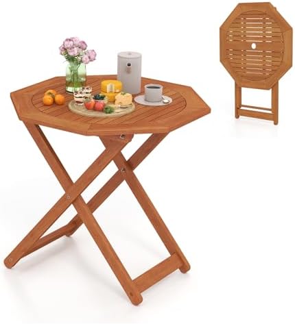 Byroce Outdoor Patio Table, Octagon Folding Bistro Table with Slatted Tabletop & 2” Umbrella Hole, Solid Wood Outdoor Dining Table, Portable for Backyard, Poolside & Balcony (1)