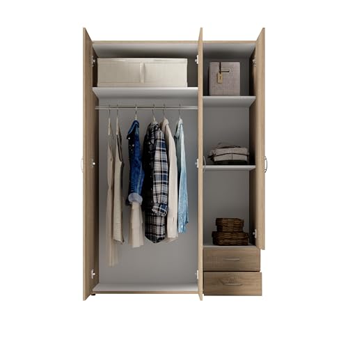 Armadio Guardaroba 3 Ante E 2 Cassetti | Armadio Camera Da Letto Moderno 121X177X51 Cm (Lxhxp) | Ampio Spazio Organizzativo Con Barra Appendiabiti | Colore Rovere - 5