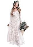 Bohemian Lace Wedding Dresses with Sleeve Sexy Sheer V Neck Backless A Line Ruched Bridal Dress for Women Style06 Ivory 16