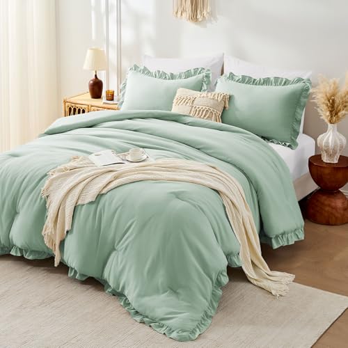 Image of FUANNA Full Size Comforter Sets Sage Green, 3 Pieces Ruffle Full Size Bedding Sets, Fluffy Bed in a Bag Full for All Seasons, Shabby Chic Full Bed Set with 1 Lightweight Comforter & 2 Pillowshams