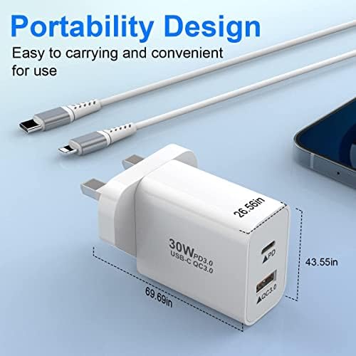 30W USB C Plug Fast Charger, 2-Port PD 3.0 USB C Fast Charger with USB C Lighting Cable, 30W USB C Wall Charger Compatible with iPhone 13 12 11 Max, Samsung, Huawei, pad and more