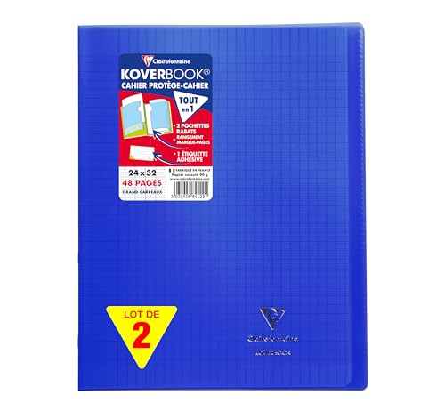 Clairefontaine 984422AMZC Un lot de 2 Cahiers Agrafés Koverbook 24x32 cm - 48 Pages Grands Carreaux 90 g - Couverture Polypro - Couleur : Bleu Marine