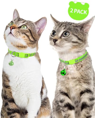 Taglory-Reflective-Cat-Collars-Breakaway-with-Bell-2-Pack-Girl-Boy-Pet-Kitten-Collar-Adjustable-75-125-Inch-Green