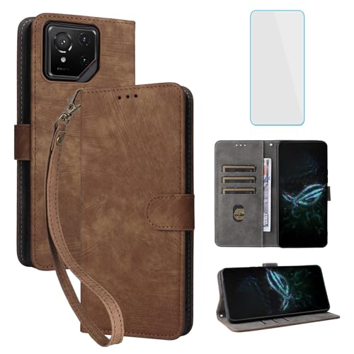 IUQXU Handyhülle für Asus ROG Phone 9 Pro/ROG Phone 9 Hülle mit Schutzfolie RFID Stoßfeste Schutzhülle Kartenfach Klapphülle Standfunktion Wallet Lederhülle für ROG Phone9 Pro 9Pro Braun