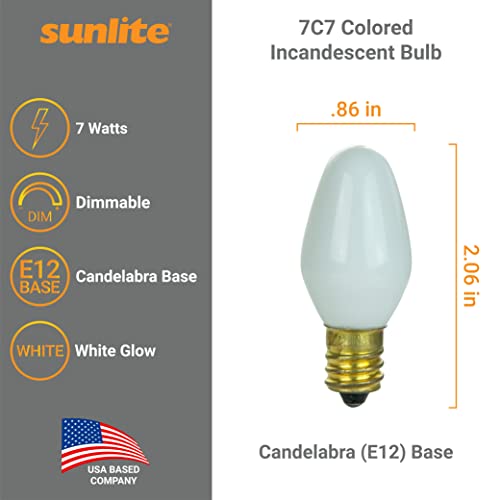 Sunlite 01285 7C7 Incandescent Bulb, 7 Watt, Candelabra E12 Base, C7 Small Night Light, Colored Bulb, White, 25 Count #TOP1