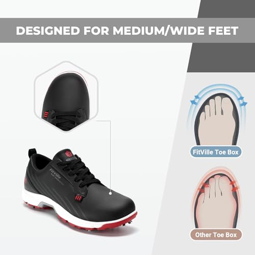 Image of FitVille Waterproof Golf Shoes Mens with Replaceable Spikes | Professional No-Slip Spiked, Arch Support, High-Rebound Cushioning