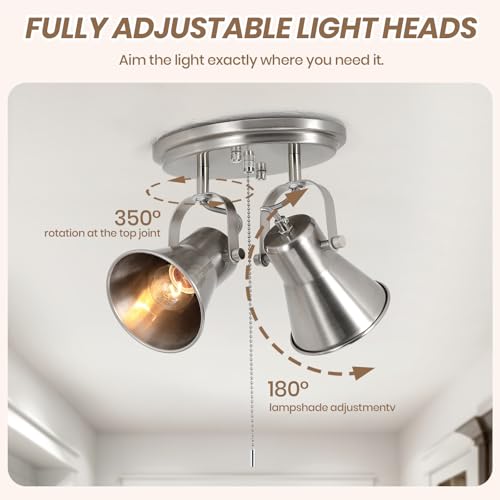 Image of 2-Light Brushed Nickel Pull Chain Light Fixture, Ceiling Light with Pull Chain, Adjustable Flush Mount Lighting for Kitchen, Closet, Hallway