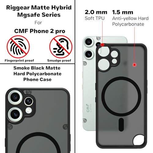 Image of RIGGEAR Shockproof Sleek Hybrid Armor Magnetic Back Cover Case Compatible with MagSafe Accessories for CMF by Nothing Phone 2 Pro /CMF Phone 2 Pro 5G (Smoke Black Matte PC and Black TPU Bumper)