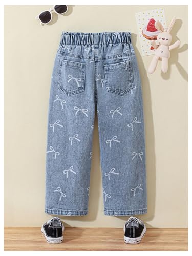 WDIRARA Girl's Cute Bow Pattern Jeans Elastic Waist Wide Leg Denim Pants2