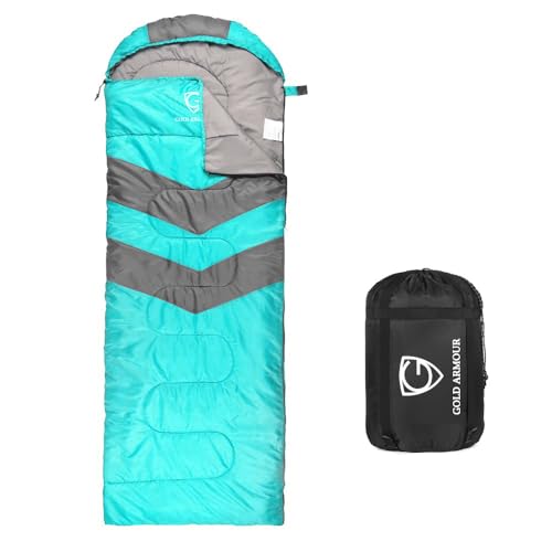 Gold Armour Sleeping Bags for Adults Kids Boys Girls Backpacking Hiking Camping, Cold Warm Weather 4 Seasons, Indoor Outdoor Use, Lightweight & Waterproof, Left Zipper (Sky Blue & Gray)