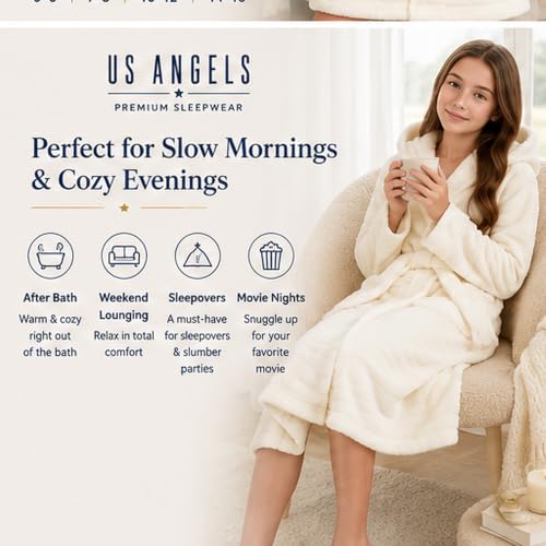 Image of US Angels Plush Robe For Girls- Plush Winter PJ Robe With Pockets, Hoodie & Belt- Ultra-Soft Bathrobe