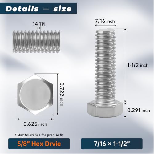 Image of 8 Sets Glvaner 7 /16-14 x 1-1 /2 inch Stainless Steel Hex Head Screws Bolts, Nuts, Flat & Lock Washers, 18-8 (304) Stainless Steel, Full Thread, Coarse Thread