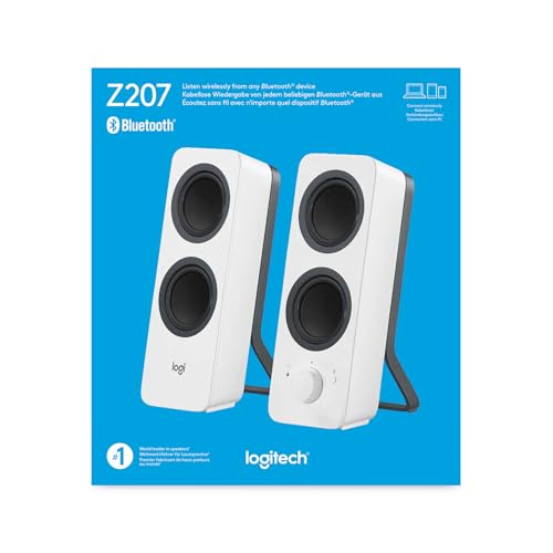 Logitech Z207 Système de Hauts-Parleurs Bluetooth pour PC, Son Stéréo, 10W en Puissance, Entrée Audio 3,5 mm, Prise Casque, Multi-Dispositifs, Prise EU/FR, Ordinateur/TV/Smartphone/Tablette - Blanc