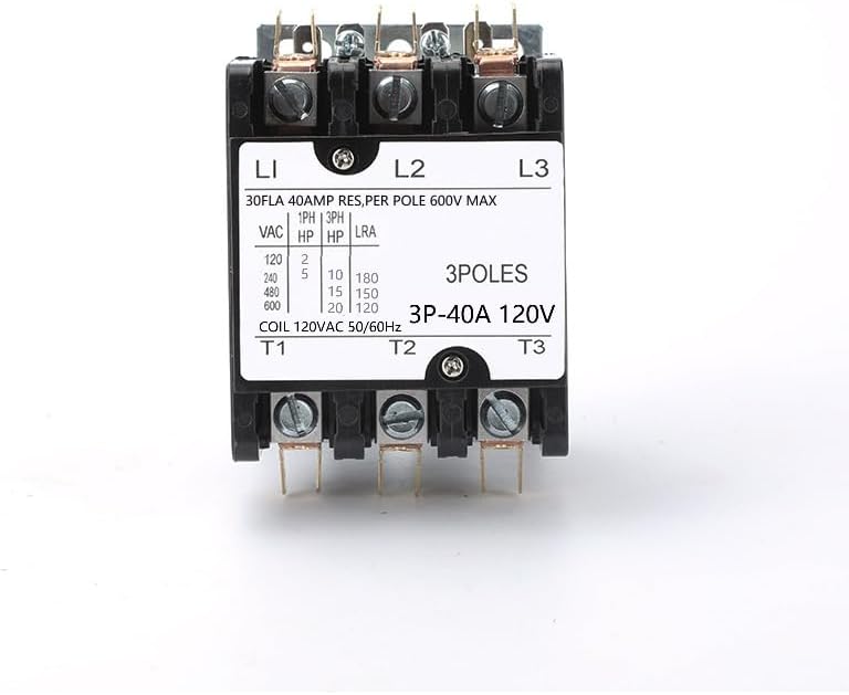 CINACE 3 Pole Definite Purpose Contactor, 40 Amp, 120V Coil, 600V Maximum, Panel Mount for Air Conditioner and Heating System