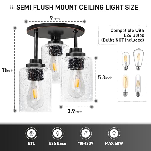hykolity 3-Light Semi Flush Mount Ceiling Light, 9 Inch Oil Rubbed Bronze Close to Ceiling Light Fixtures with Seeded Glass Shades, Modern Ceiling Lighting for Kitchen, Bedroom, Entryway, ETL Listed