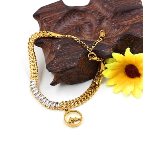 Image of Ladies Gold Double Cuban Chain, Tennis Zircon Charm Mountain /Round Mustard Seed Pendant Bracelet for Women Mom Religion Faith Jewelry